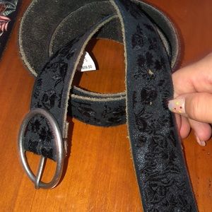 Black Leather Lucky Brand Embroidered Belt